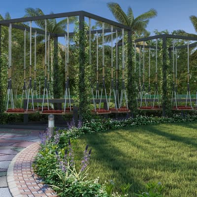 Swings under a planted pergola in a park at Sattva Green Groves, artist's impression