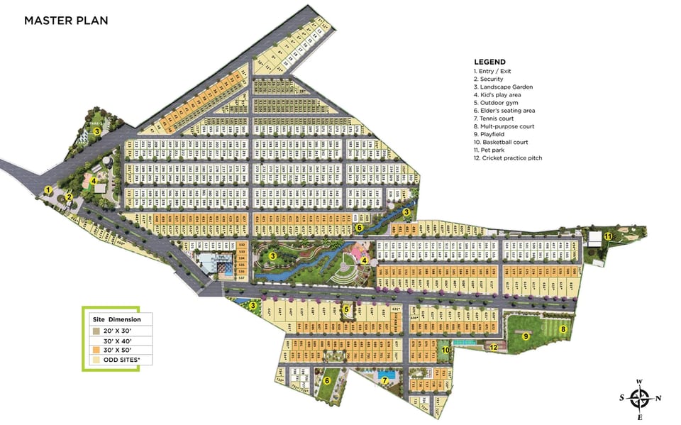 Sattva Green Groves master plan with the plot sizes and parks