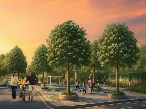A family with a child on a bicycle beside a park with a play area, artist's impression