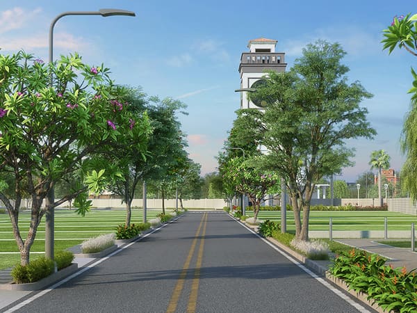 A tree lined internal road with street lights and the watch tower behind, artist's impression