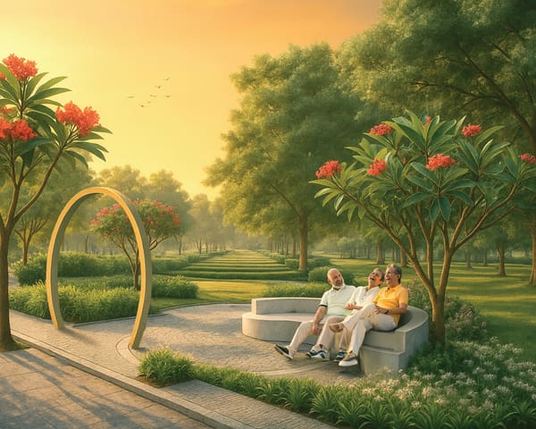 A park in Sattva Kaveri Siri Phase II with an arch sculpture and a curved stone bench at golden hour, artist's impression