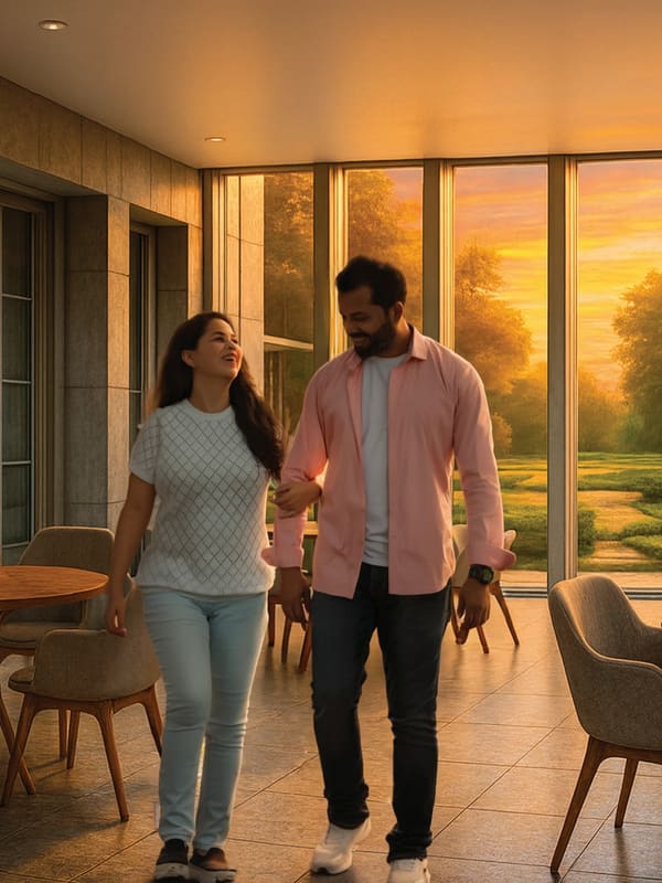The clubhouse café with a sunset view over the park, artist's impression