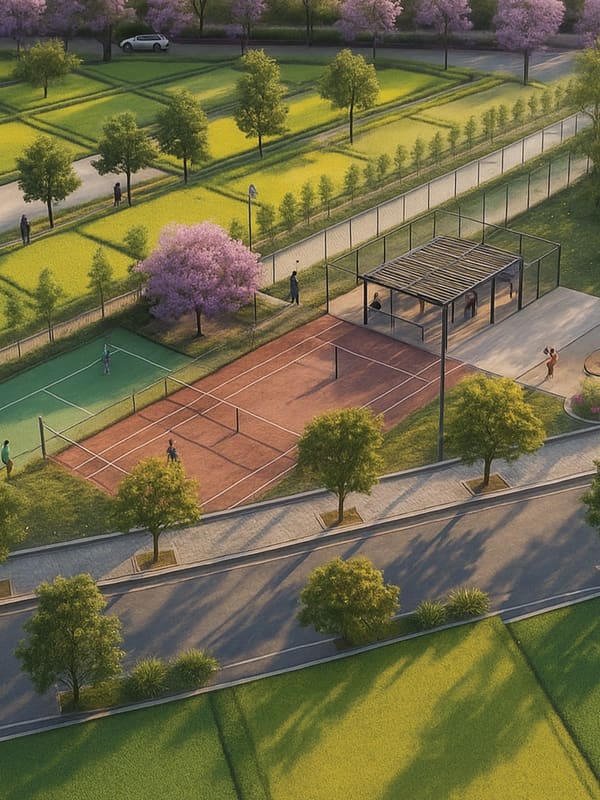 Courts and a pergola in a Phase II park beside the plots, artist's impression