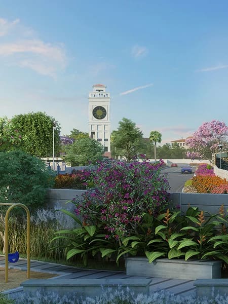 A landscaped garden with the clock tower in the distance, artist's impression