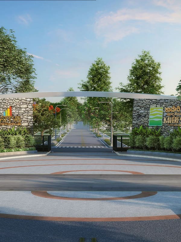 The stone clad entry gate of Sattva Kaveri Siri, artist's impression