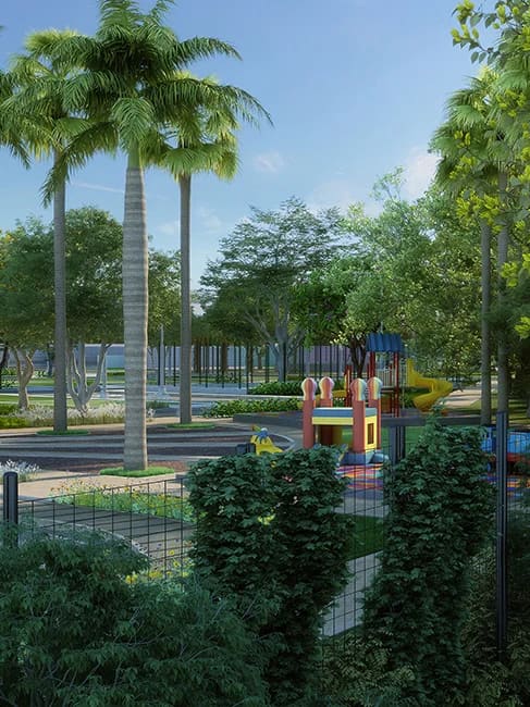 The gathering plaza with palms and a play area by the water, artist's impression