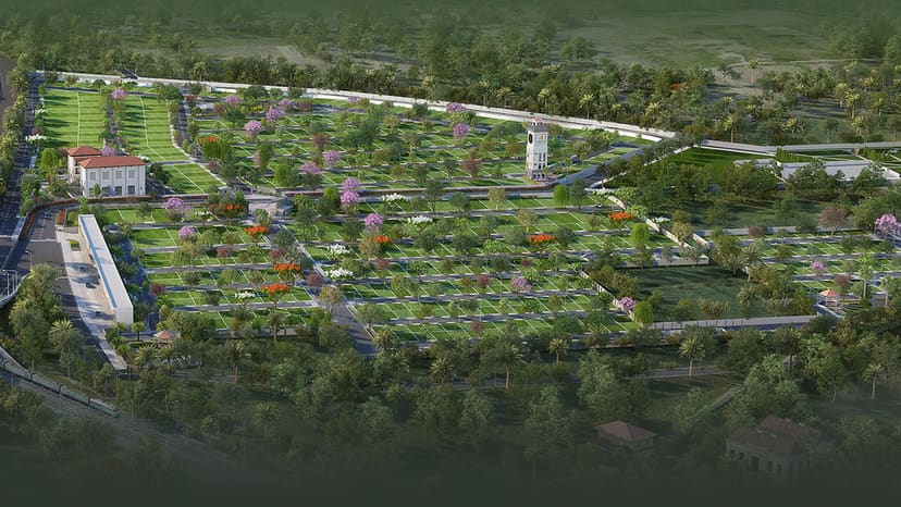 An aerial view of the Sattva Kaveri Siri layout with the clubhouse and the watch tower, artist's impression, the poster of the walkthrough