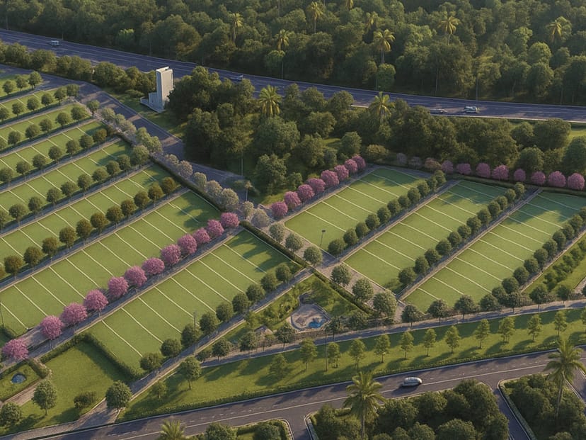 The Phase II plotted layout of Sattva Kaveri Siri from the air, with tree lined avenues and parks, artist's impression