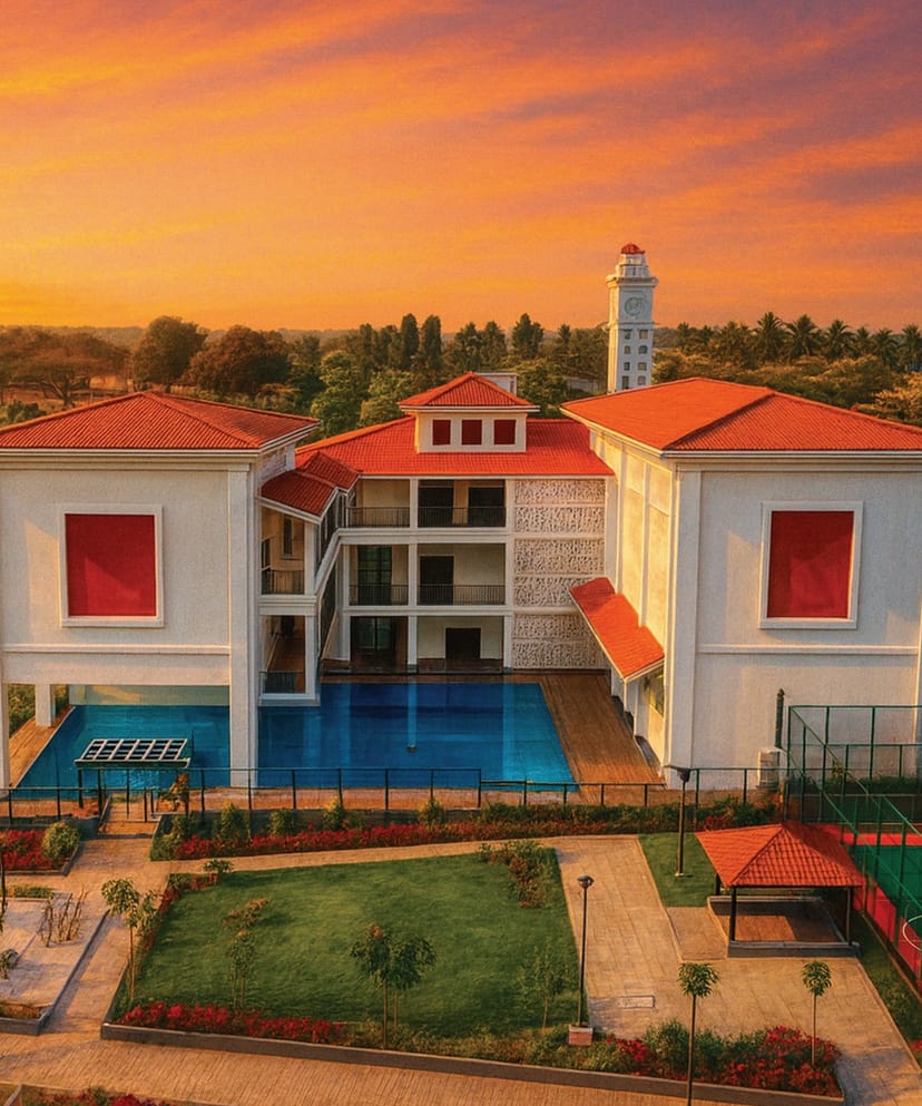 The colonial style clubhouse of Sattva Kaveri Siri with its pool and watch tower at sunset, artist's impression