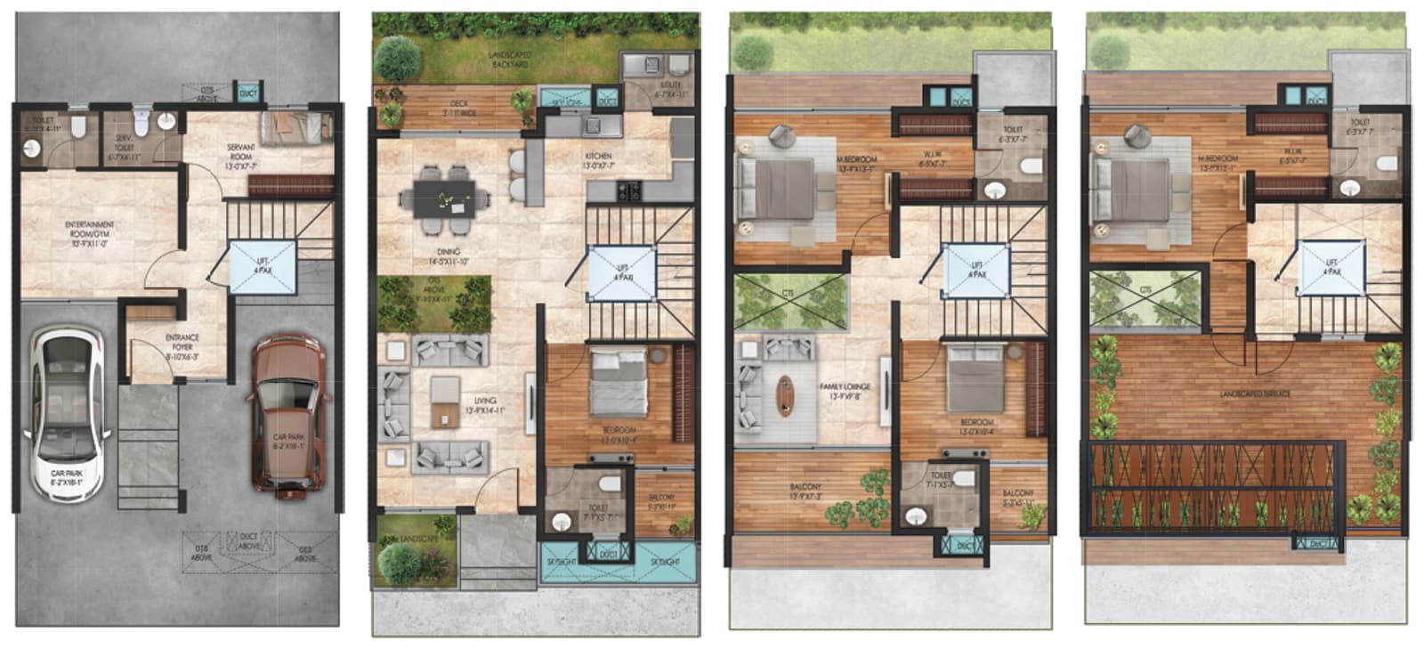 Sattva La Vita East facing villa plans: basement, ground, first and second floor