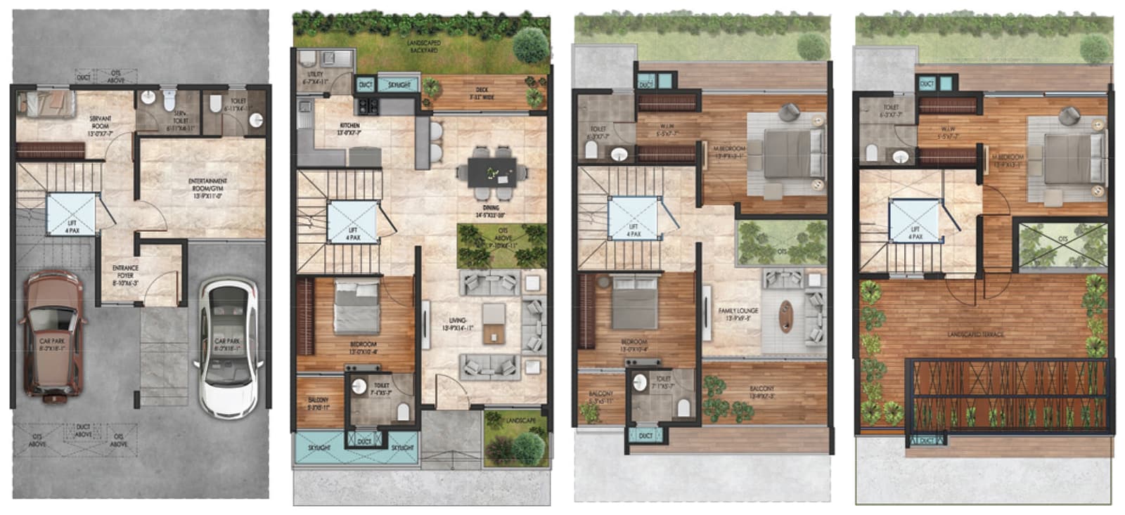 Sattva La Vita North facing villa plans: basement, ground, first and second floor