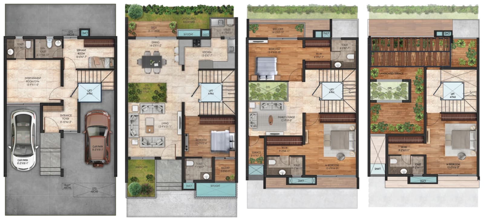 Sattva La Vita West facing villa plans: basement, ground, first and second floor