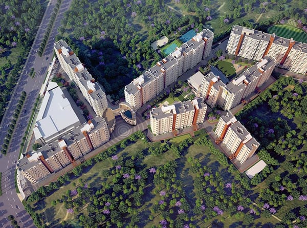Aerial view of the Sattva Park Cubix towers among green parks, artist's impression