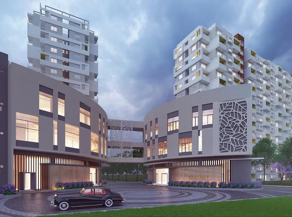 The Gold Leaf clubhouse and its forecourt at dusk, artist's impression