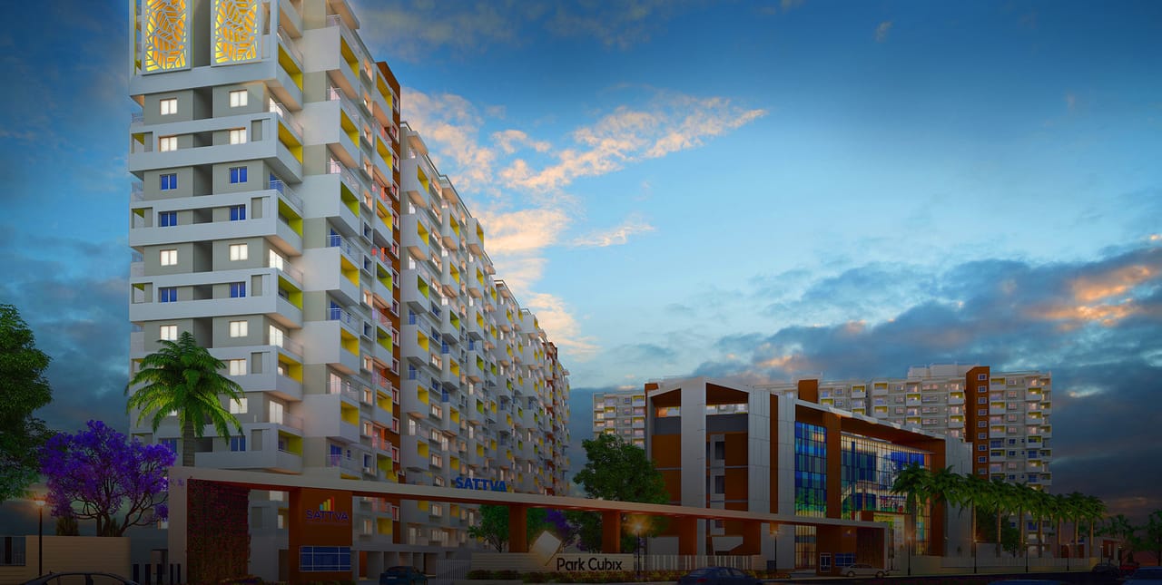 Sattva Park Cubix towers and the entrance gate at dusk, artist's impression