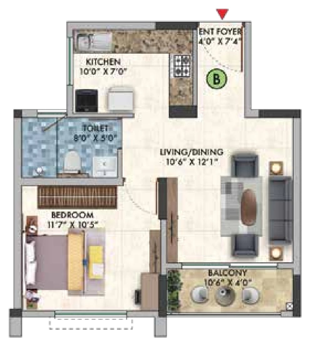 Sattva Park Cubix Phase II 1 BHK, Type B unit plan