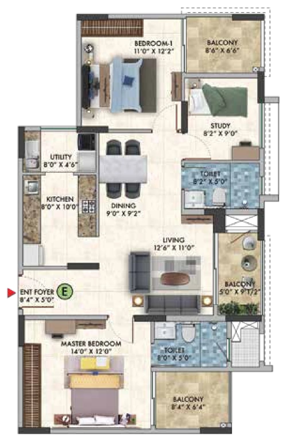 Sattva Park Cubix Phase II 2.5 BHK, Type E unit plan