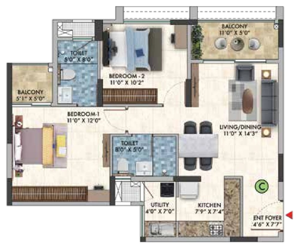 Sattva Park Cubix Phase II 2 BHK, Type C unit plan