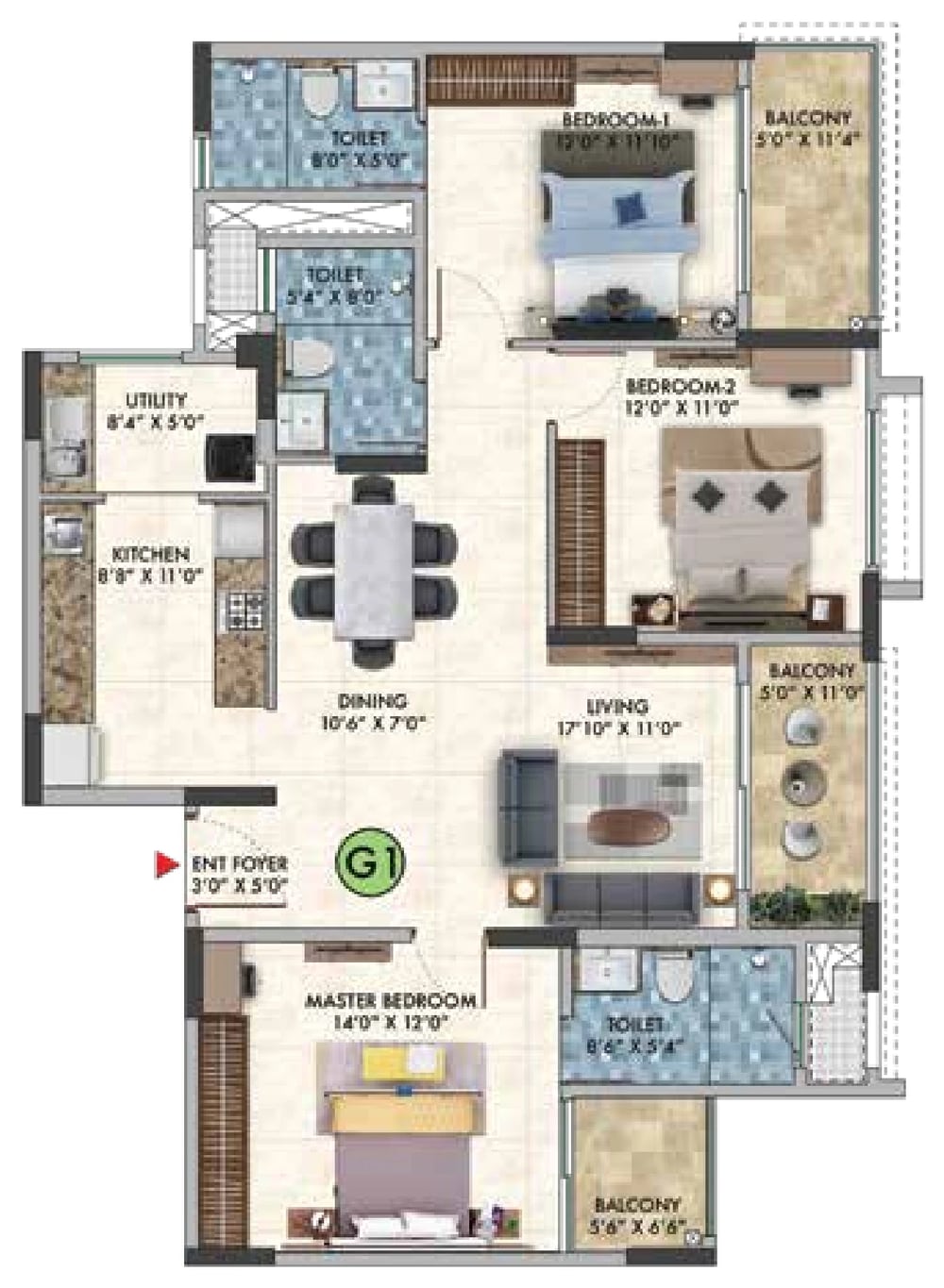 Sattva Park Cubix Phase II 3 BHK, Type G1 unit plan