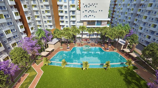 The swimming pool and lawn between the towers, artist's impression
