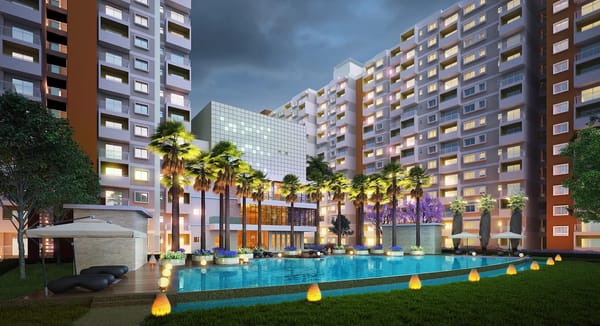 The swimming pool lit at night under palms, artist's impression