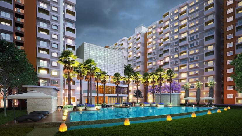 The Sattva Park Cubix pool at night, artist's impression, the poster of the walkthrough