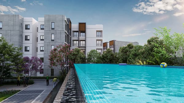 The swimming pool along a block at Sattva SimpliCity, artist's impression