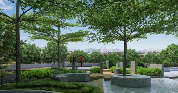 The river viewing deck under the trees at Sattva SimpliCity, artist's impression