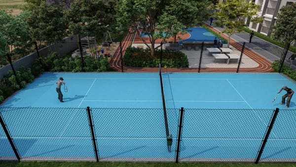 The tennis court from above at Sattva SimpliCity, artist's impression