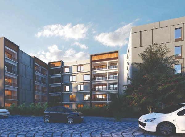 The apartment blocks seen from the paved driveway at Sattva SimpliCity, artist's impression