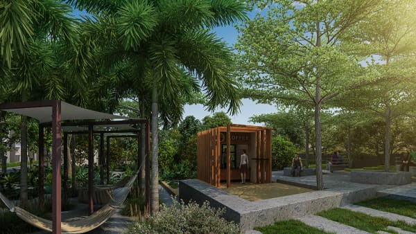 The cafe and juice bar pavilions under the trees at Sattva SimpliCity, artist's impression