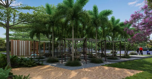 The plaza with a palm grove and pergolas at Sattva SimpliCity, artist's impression