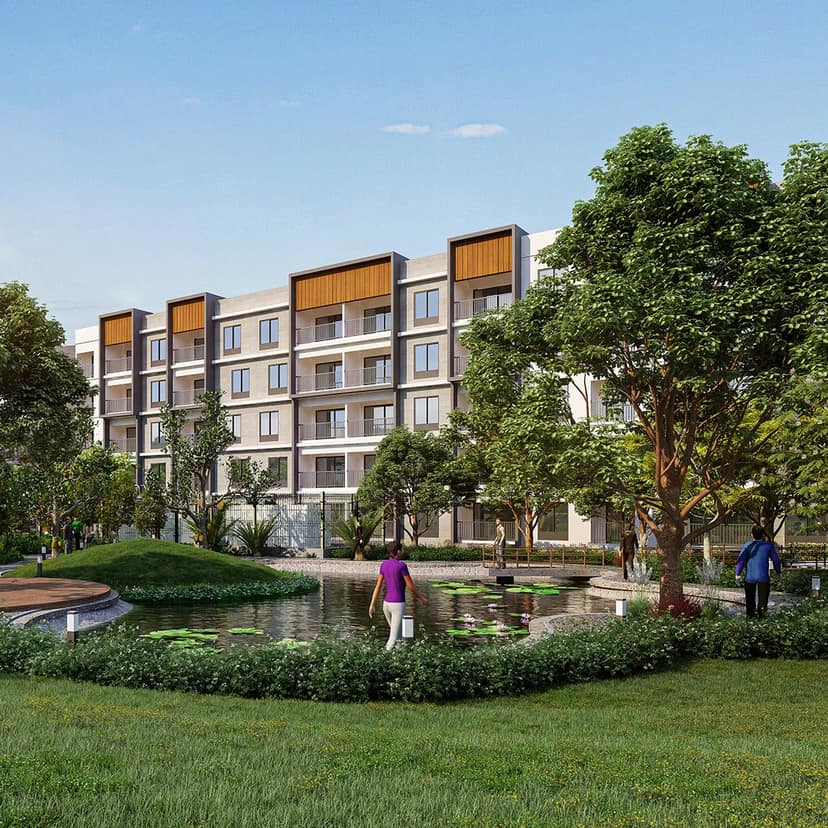 Sattva SimpliCity apartment blocks behind the pond and lawn, artist's impression