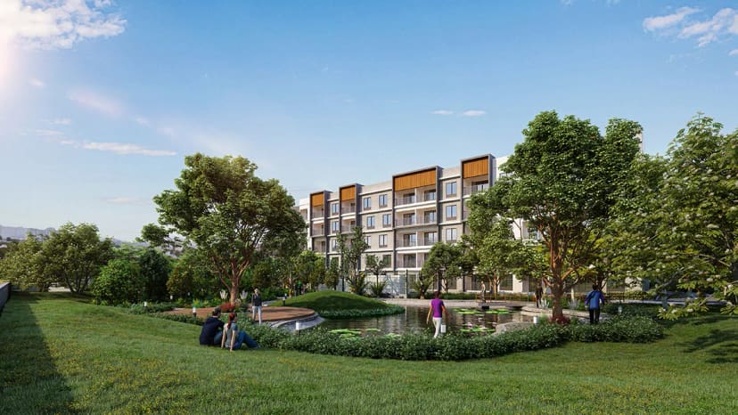 The pond and lawn in front of the blocks at Sattva SimpliCity, artist's impression, the poster of the walkthrough