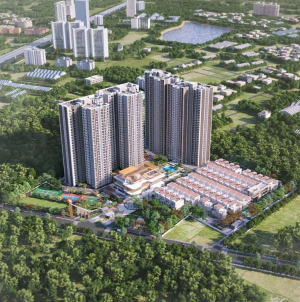 Sattva Songbird first phase from above: four towers, the clubhouse and the row houses among the trees, artist's impression