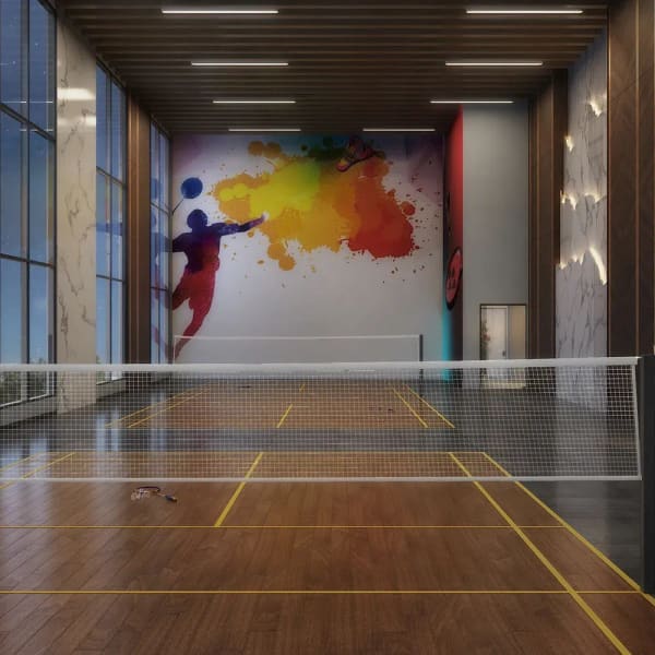 An indoor badminton court with a painted wall at Sattva Songbird, artist's impression
