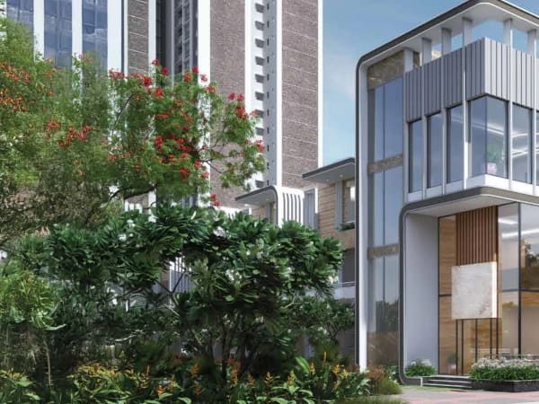 A Sattva Songbird clubhouse beside the towers, framed by flowering trees, artist's impression