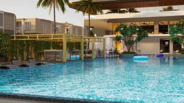 The pool and pergola beside the main clubhouse at Sattva Songbird, artist's impression