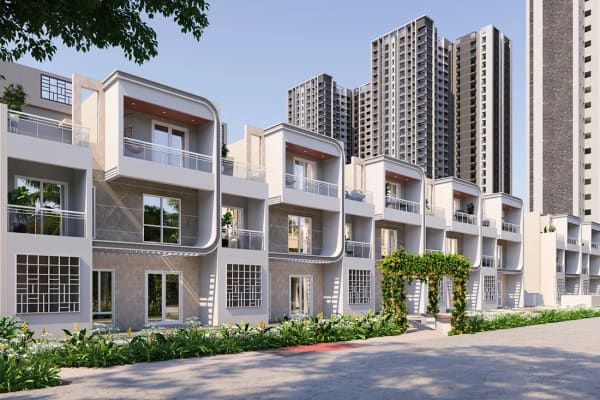 A lane of Sattva Songbird row houses with the towers behind, artist's impression