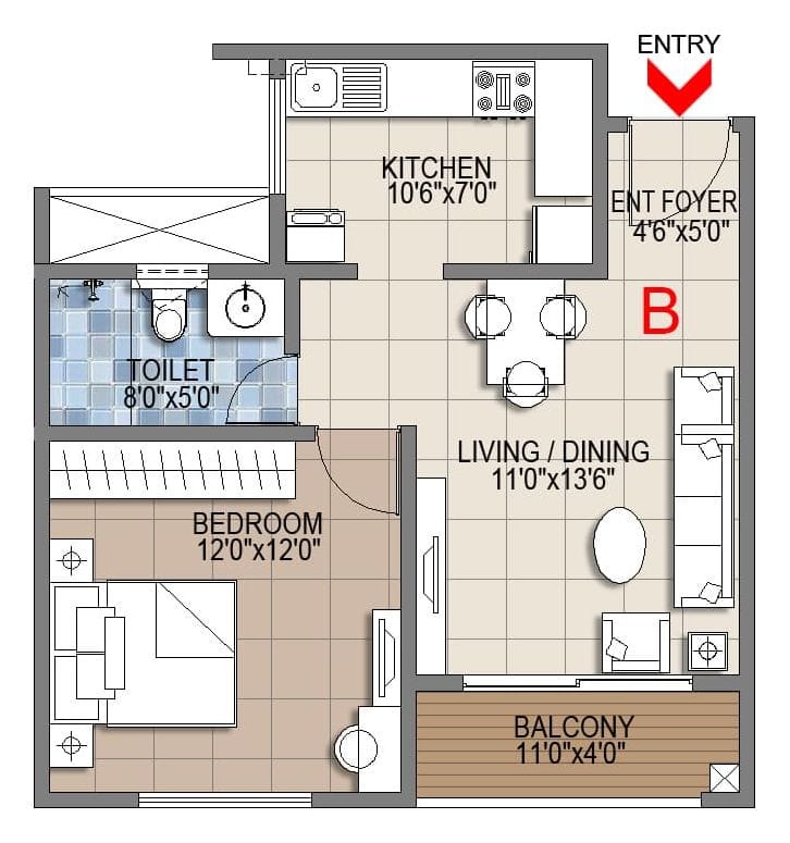 Sattva Songbird 1 BHK unit plan, unit B