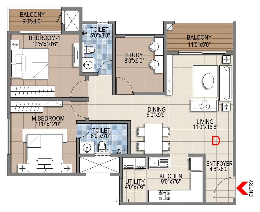 Sattva Songbird 2.5 BHK unit plan with a study, unit D