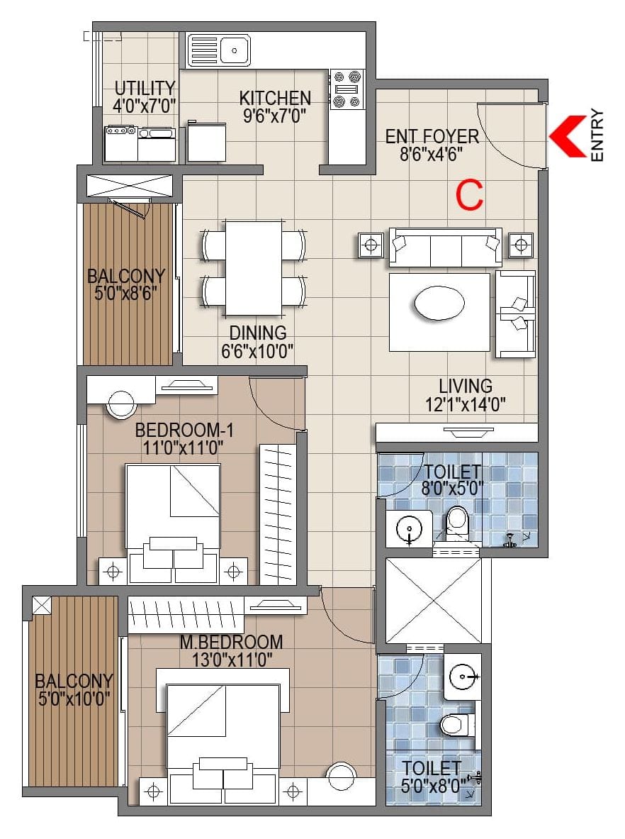 Sattva Songbird 2 BHK unit plan, unit C