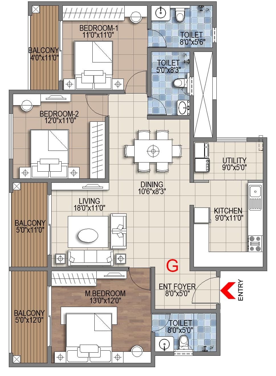 Sattva Songbird 3 BHK unit plan, unit G