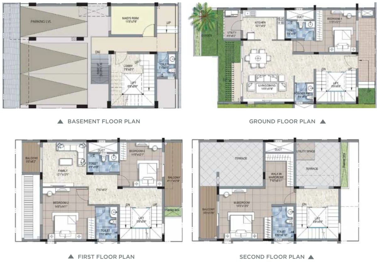 Sattva Songbird row house type 01 plans: basement, ground, first and second floor