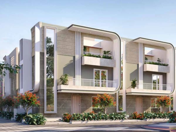 Two Sattva Songbird row houses with balconies and planters, artist's impression