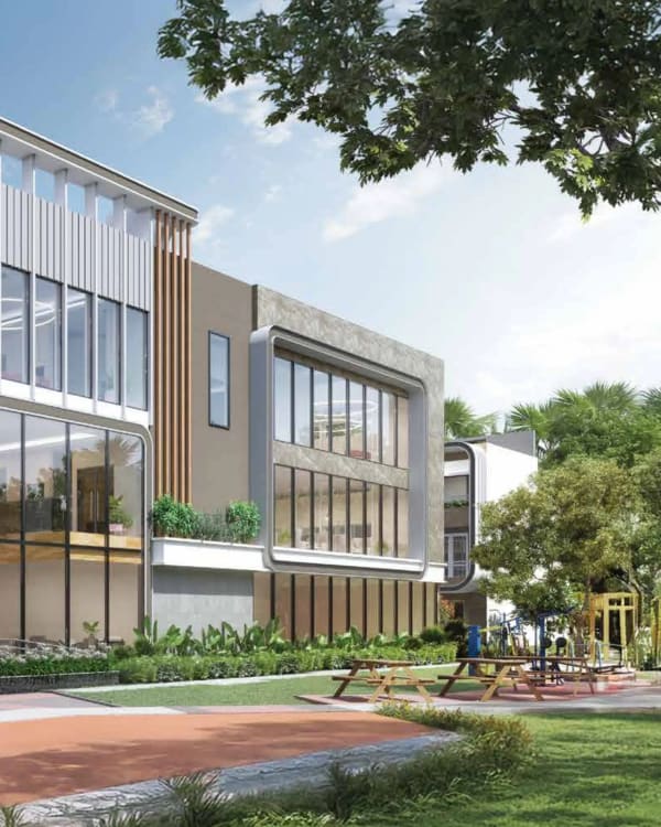 A Sattva Songbird clubhouse with its garden and a large tree, artist's impression