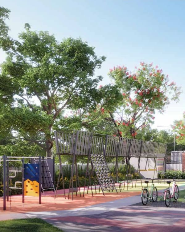 The kids' play area at Sattva Songbird under flowering trees, artist's impression