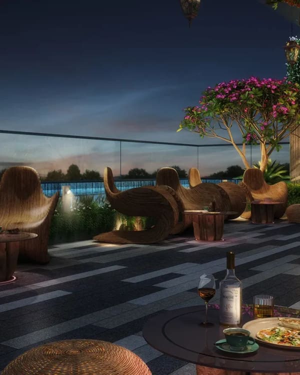 A party terrace with lounge seating at dusk, Sattva Songbird, artist's impression