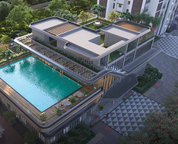The clubhouse and its pool deck from above, artist's impression