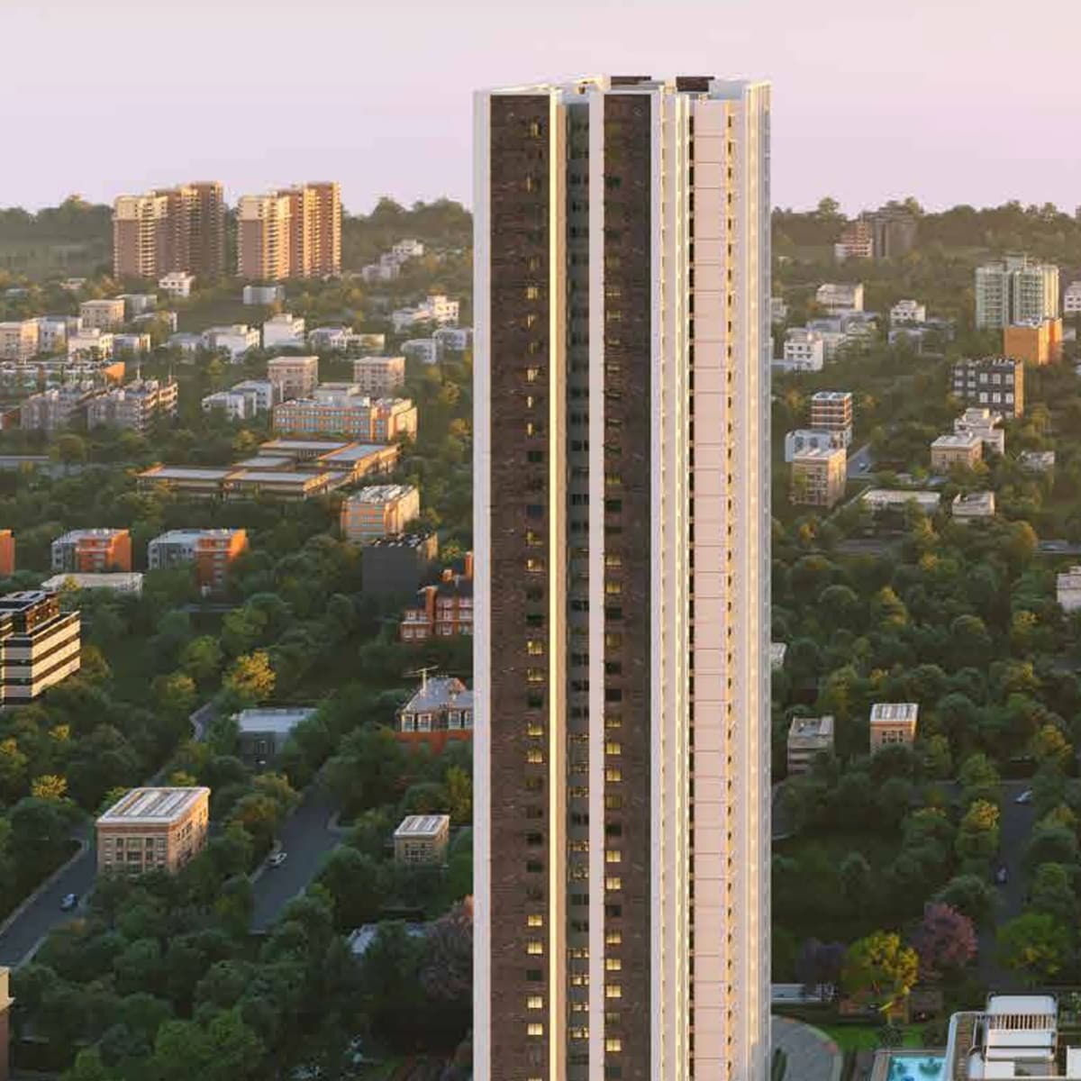 Sattva Songbird Phase II, Tower 5 rising above green East Bengaluru at dawn, artist's impression